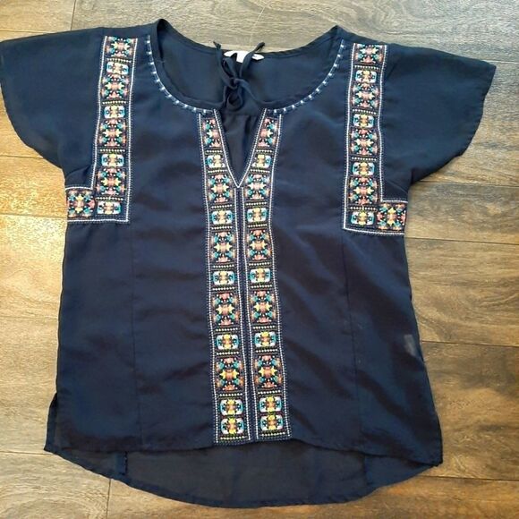 American Eagle Outfitters Tops - AEO blue sheer embroidery sz XS Aztec top